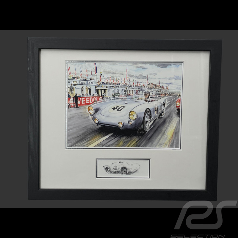 Cadre Porsche 550 n° 40 24h Le Mans 1954 Cadre en Bois Noir avec esquisse 25 x 30 cm - Uli Ehret