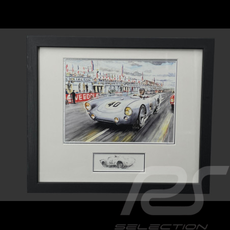 Cadre Porsche 550 n° 40 24h Le Mans 1954 Cadre en Bois Noir avec esquisse 25 x 30 cm - Uli Ehret