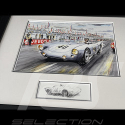 Porsche Frame 550 n° 40 24h Le Mans 1954 Black Wooden Frame with Sketch 25 x 30 cm - Uli Ehret