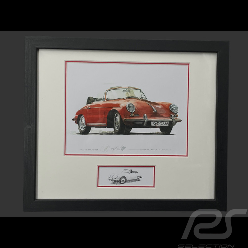 Cadre Porsche 356 C Cabriolet 1963 Rouge Cadre en Bois Noir avec esquisse 25 x 30 cm - Uli Ehret