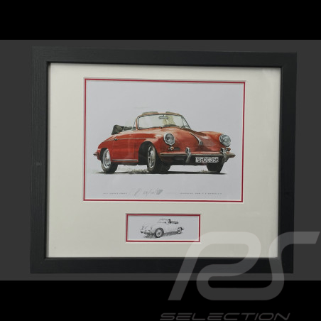 Porsche Rahmen 356 C Cabriolet 1963 Rot Schwarzer Holzrahmen mit Skizze 25 x 30 cm - Uli Ehret