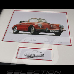 Cadre Porsche 356 C Cabriolet 1963 Rouge Cadre en Bois Noir avec esquisse 25 x 30 cm - Uli Ehret