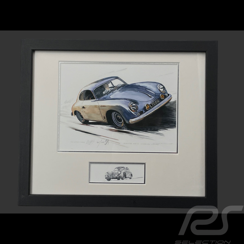 Porsche Rahmen 356 A Carrera Coupe 1956 Schwarzer Holzrahmen mit Skizze 25 x 30 cm - Uli Ehret