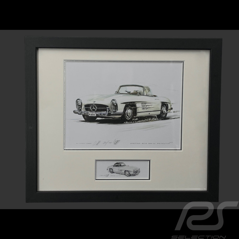 Mercedes-Benz Rahmen 300 SL Roadster 1957 Schwarzer Holzrahmen mit Skizze 25 x 30 cm - Uli Ehret