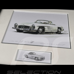 Cadre Mercedes-Benz 300 SL Roadster 1957 Cadre en Bois Noir avec esquisse 25 x 30 cm - Uli Ehret