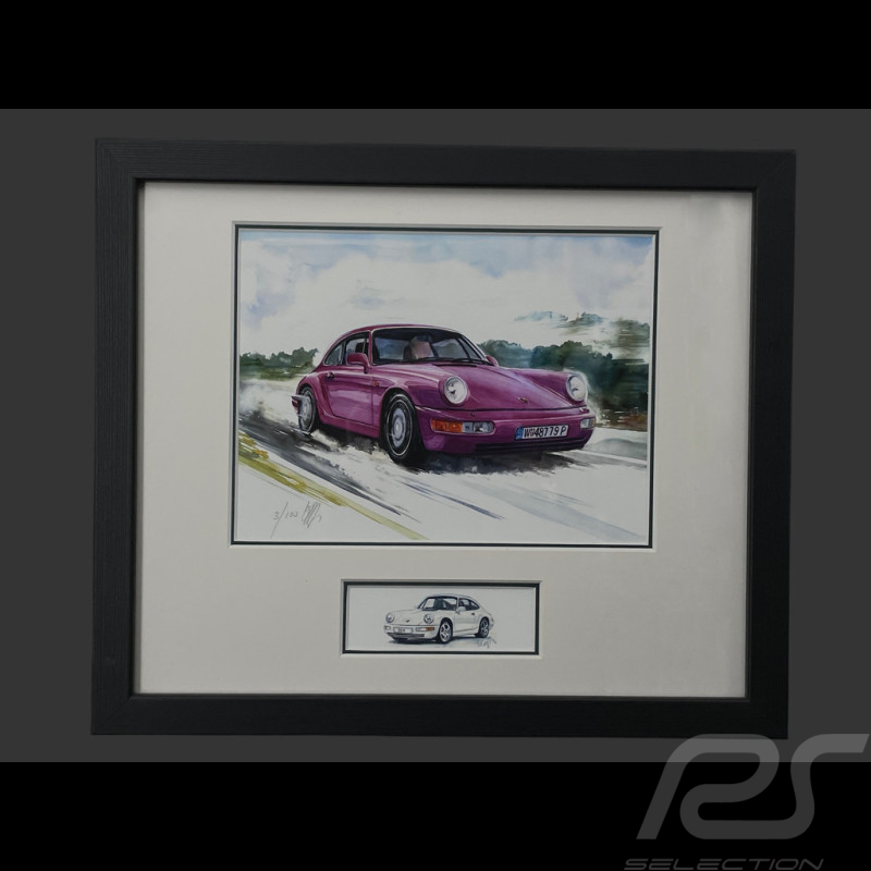 Porsche Frame 911 Coupe Type 964 1988 Black Wooden Frame with Sketch 25 x 30 cm - Uli Ehret