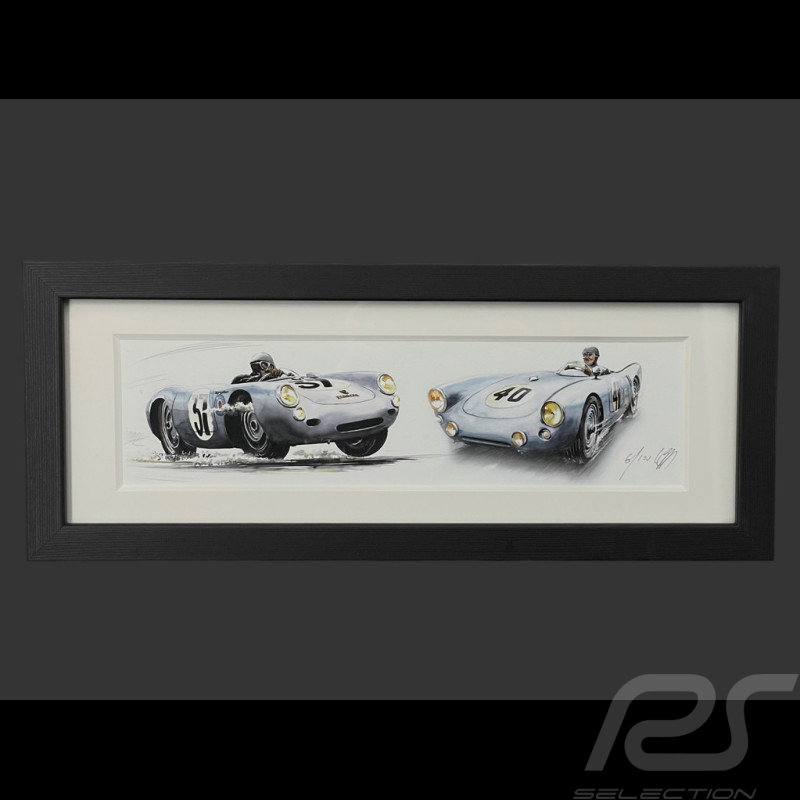 Porsche Frame 550 Spyder n° 37 24h Le Mans 1954 Black Wooden Frame 38 x 15 cm - Uli Ehret