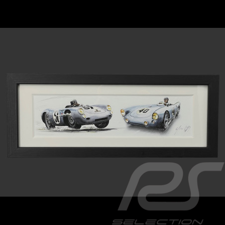 Porsche Rahmen 550 Spyder n° 37 24h Le Mans 1954 Schwarzer Holzrahmen 38 x 15 cm - Uli Ehret