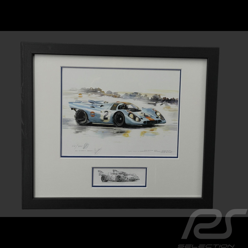 Cadre Porsche 917 KH n° 2 Vainqueur 24h Daytona 1970 Cadre en Bois Noir avec esquisse 25 x 30 cm - Uli Ehret