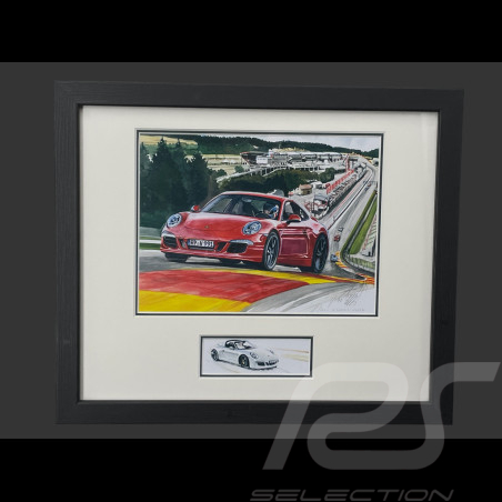 Porsche Rahmen 911 Coupe Typ 991 2019 Porsche Speed Cup Spa  Schwarzer Holzrahmen mit Skizze 25 x 30 cm - Uli Ehret