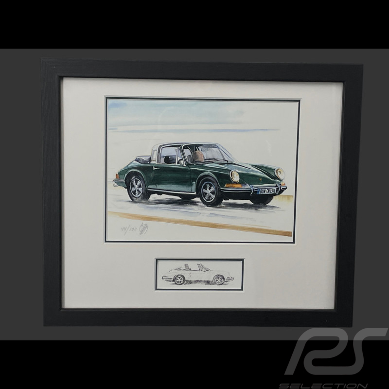 Porsche Rahmen 911 Targa Typ F 1966 Schwarzer Holzrahmen mit Skizze 25 x 30 cm - Uli Ehret