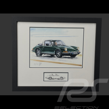 Porsche Rahmen 911 Targa Typ F 1966 Schwarzer Holzrahmen mit Skizze 25 x 30 cm - Uli Ehret