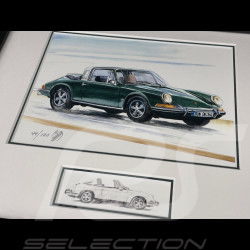Porsche Rahmen 911 Targa Typ F 1966 Schwarzer Holzrahmen mit Skizze 25 x 30 cm - Uli Ehret