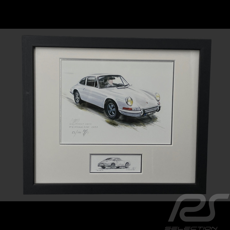 Porsche Rahmen 911 Coupe 1967 Weiß Schwarzer Holzrahmen mit Skizze 25 x 30 cm - Uli Ehret