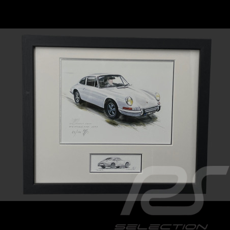 Cadre Porsche 911 Coupe 1967 Blanc Cadre en Bois Noir avec esquisse 25 x 30 cm - Uli Ehret