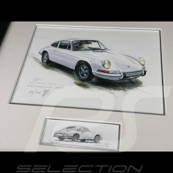 Cadre Porsche 911 Coupe 1967 Blanc Cadre en Bois Noir avec esquisse 25 x 30 cm - Uli Ehret