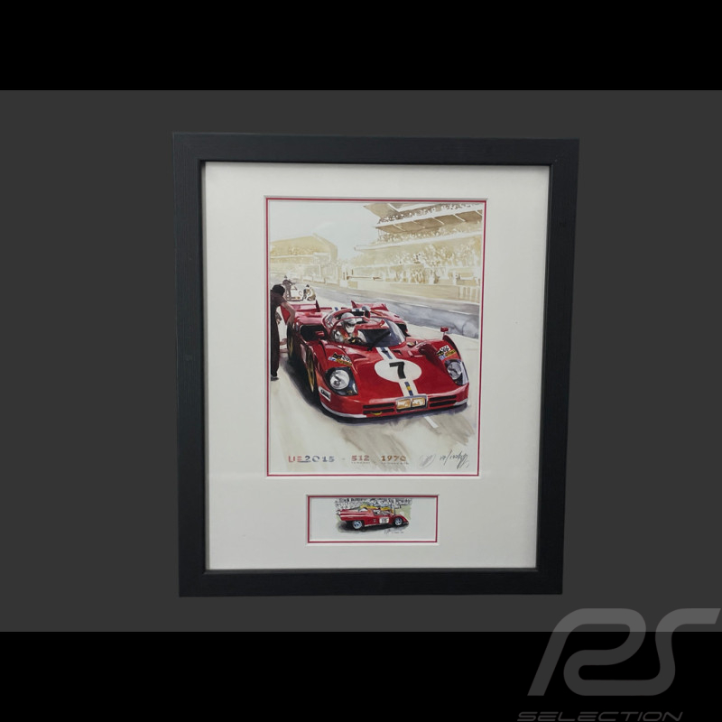 Ferrari Frame 512 S n° 7 24h Le Mans 1970 Black Wooden Frame with Sketch 25 x 30 cm - Uli Ehret