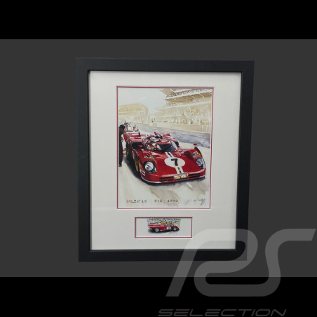 Ferrari Rahmen 512 S n° 7 24h Le Mans 1970 Schwarzer Holzrahmen mit Skizze 25 x 30 cm - Uli Ehret