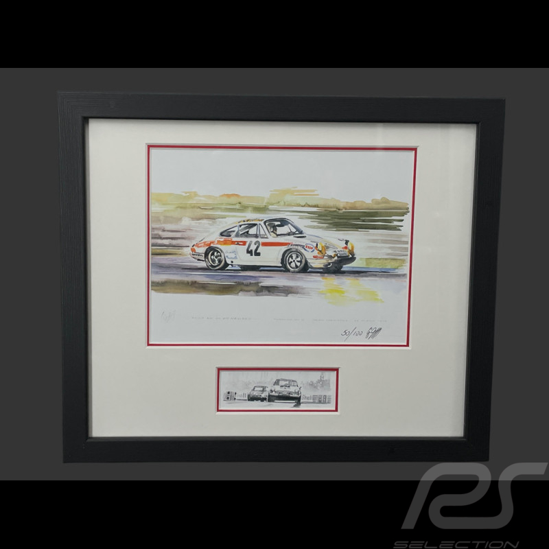 Porsche Rahmen 911 S n° 42 24h Le Mans 1971 Schwarzer Holzrahmen mit Skizze 25 x 30 cm - Uli Ehret