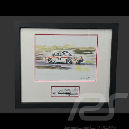 Porsche Frame 911 S n° 42 24h Le Mans 1971 Black Wooden Frame with Sketch 25 x 30 cm - Uli Ehret
