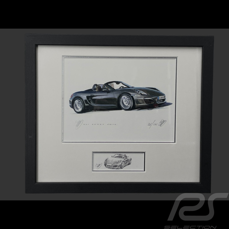 Cadre Porsche Boxster Type 718 2016 Cadre en Bois Noir avec esquisse 25 x 30 cm - Uli Ehret