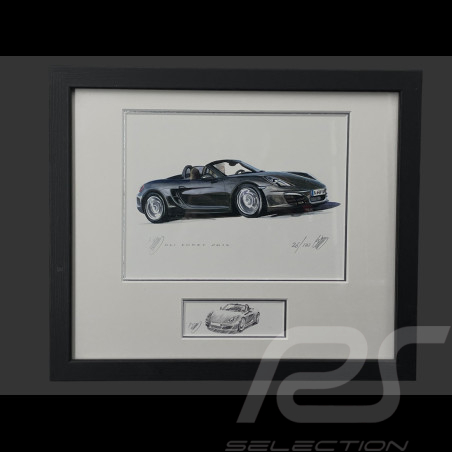 Porsche Rahmen Boxster Typ 718 2016 Schwarzer Holzrahmen mit Skizze 25 x 30 cm - Uli Ehret