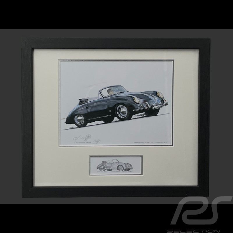 Porsche Rahmen 356 A Cabriolet 1958 Schwarzer Holzrahmen mit Skizze 25 x 30 cm - Uli Ehret