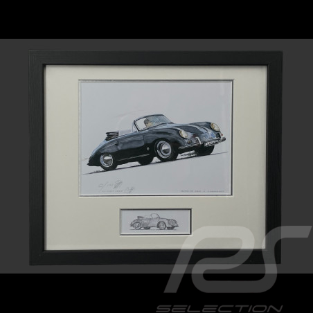Porsche Rahmen 356 A Cabriolet 1958 Schwarzer Holzrahmen mit Skizze 25 x 30 cm - Uli Ehret