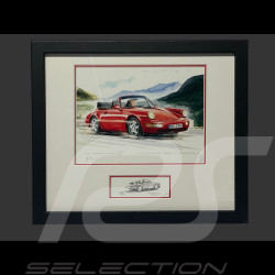 Porsche Frame 911 Type 964 Convertible 1988 Black Wooden Frame with Sketch 25 x 30 cm - Uli Ehret