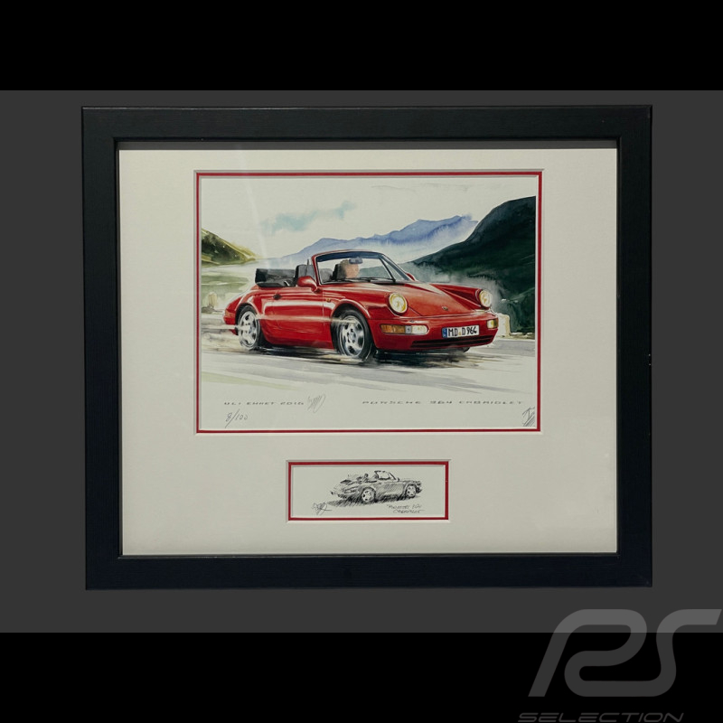 Cadre Porsche 911 Type 964 Cabriolet 1988 Cadre en Bois Noir avec esquisse 25 x 30 cm - Uli Ehret
