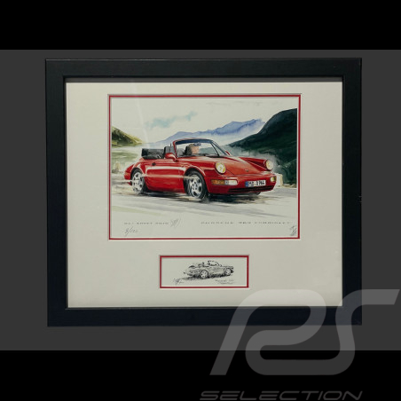 Porsche Frame 911 Type 964 Convertible 1988 Black Wooden Frame with Sketch 25 x 30 cm - Uli Ehret
