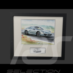 Porsche Rahmen 911 Coupe Typ 997 2007 Schwarzer Holzrahmen mit Skizze 25 x 30 cm - Uli Ehret