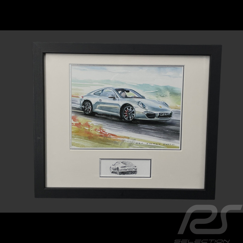Cadre Porsche 911 Coupe Type 997 2007 Cadre en Bois Noir avec esquisse 25 x 30 cm - Uli Ehret