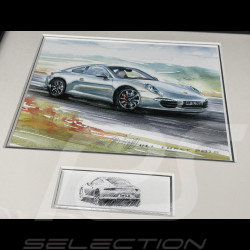 Cadre Porsche 911 Coupe Type 997 2007 Cadre en Bois Noir avec esquisse 25 x 30 cm - Uli Ehret