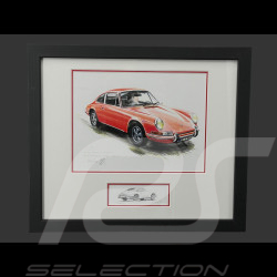 Cadre Porsche 911 Coupe 1967 Rouge Cadre en Bois Noir avec esquisse 25 x 30 cm - Uli Ehret