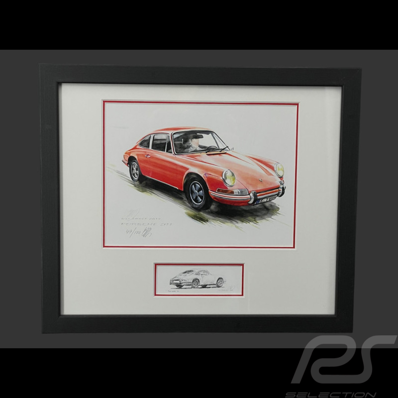 Porsche Rahmen 911 Coupe 1967 Rot Schwarzer Holzrahmen mit Skizze 25 x 30 cm - Uli Ehret