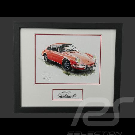 Porsche Rahmen 911 Coupe 1967 Rot Schwarzer Holzrahmen mit Skizze 25 x 30 cm - Uli Ehret