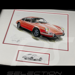 Porsche Frame 911 Coupe 1967 Red Black Wooden Frame with Sketch 25 x 30 cm - Uli Ehret
