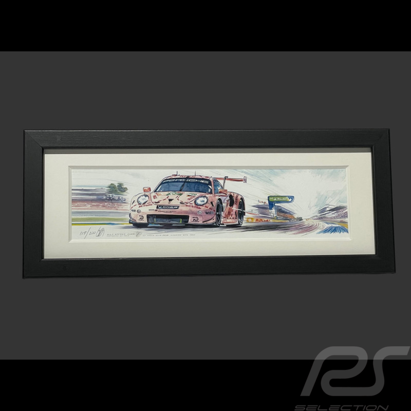 Cadre Porsche 911 RSR Type 991 n° 92 Cochon Rose 24h Le Mans 2018 Cadre en Bois Noir 38 x 15 cm - Uli Ehret