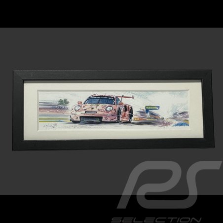 Porsche Rahmen 911 RSR Typ 991 n° 92 Pink Pig 24h Le Mans 2018 Schwarzer Holzrahmen 38 x 15 cm - Uli Ehret
