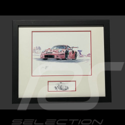 Cadre Porsche 991 RSR GTE " Cochon Rose / Pink Pig " N° 92 1971 Cadre en Bois Noir avec esquisse 25 x 30 cm - Uli Ehret