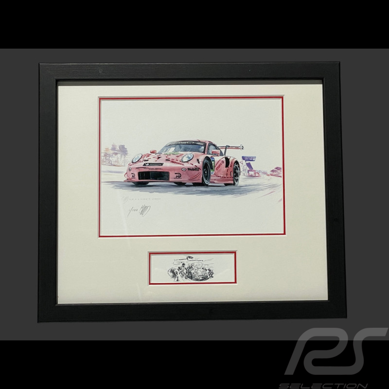 Cadre Porsche 991 RSR GTE " Cochon Rose / Pink Pig " N° 92 1971 Cadre en Bois Noir avec esquisse 25 x 30 cm - Uli Ehret