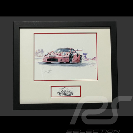 Cadre Porsche 991 RSR GTE " Cochon Rose / Pink Pig " N° 92 1971 Cadre en Bois Noir avec esquisse 25 x 30 cm - Uli Ehret