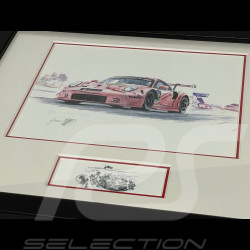 Cadre Porsche 991 RSR GTE " Cochon Rose / Pink Pig " N° 92 1971 Cadre en Bois Noir avec esquisse 25 x 30 cm - Uli Ehret