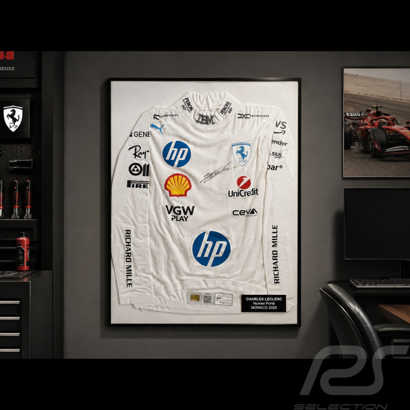 SELTEN : Charles Leclerc T-Shirt - Getragen und signiert beim Monaco GP 2025 – Offizielles Einzelstück gerahmt