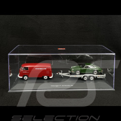 Volkswagen T1 Combi Porsche Renndienst mit Anhänger + Porsche 901 1963 Rot / Dunkelgrün Metallic 1/43 Schuco 450731300