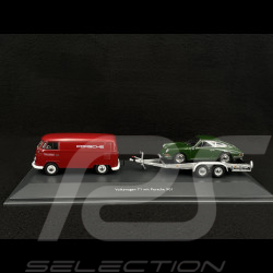 Volkswagen T1 Combi Porsche Renndienst mit Anhänger + Porsche 901 1963 Rot / Dunkelgrün Metallic 1/43 Schuco 450731300