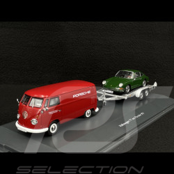 Volkswagen T1 Combi Porsche Renndienst avec Remorque + Porsche 901 1963 Rouge / Vert Foncé Métallisé 1/43 Schuco 450731300