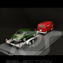 Volkswagen T1 Combi Porsche Renndienst avec Remorque + Porsche 901 1963 Rouge / Vert Foncé Métallisé 1/43 Schuco 450731300