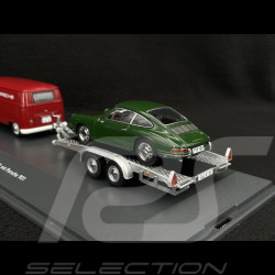 Volkswagen T1 Combi Porsche Renndienst avec Remorque + Porsche 901 1963 Rouge / Vert Foncé Métallisé 1/43 Schuco 450731300